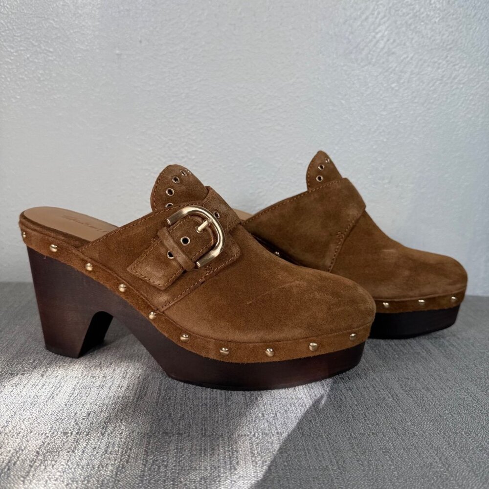 Madewell The Wes Buckle-Strap Clog Brown Suede Gold Studded Heels Platform 7 - Picture 2 of 16